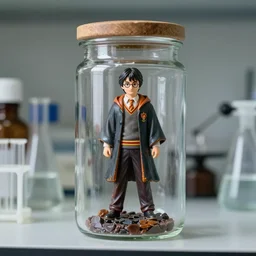 a laboratory, jar on a shelf, inside the jar is a resin figure of harry potter