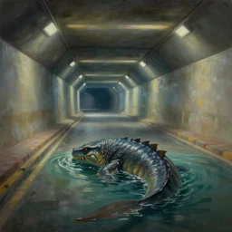 a beautiful portrait painting, a water monster that lives in a single lane tunnel with overhead lights, by sam guay, moody lighting, hyperrealism, 4 k, octane render