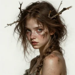 a mischievous girl with branches in her brown hair, dirt - stained skin, highly detailed, digital painting, artstation, concept art, smooth, sharp focus, illustration, art by artgerm and greg rutkowski and alphonse mucha