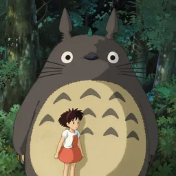 Cinestill 50d, 8K, highly detailed, studio ghibli totoro style 3/4 extreme closeup portrait, eye contact, focus on model and girl, tilt shift zaha hadid style forest background: famous totoro remake, forest scene
