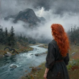 a painting of a redhead woman standing besides a river looking at a dragon in the mountains covered by a fog in a thunderous weather