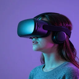 high-resolution photograph female of in profile angle wearing vr headset, cyan and purple lighthing