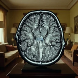 an 3 d mri image of a brain in the living room, film still from the movie directed by denis villeneuve with art direction by salvador dali, wide lens