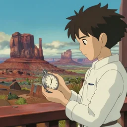 realistic interior shot from howls moving castle ( 2 0 0 4 ) of monument valley stonehenge and a scientist looking at a silver pocket watch. cartoon depth of field.