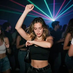 mila kunis at a drum and bass jungle party dancing, dark, 9 0 s, party people in background, lasers, ecstasy, hard focus