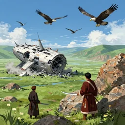 sci - fi concept art : broken spaceship crashing into a green valley in tibet, with eagles circling in the blue sky. nearby are two hunters in tibetan robes, with long knives in their hands, hidden behind huge rocks. by lorenzo lanfranconi artstation