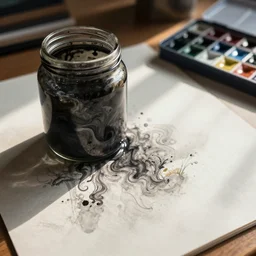 sketch of jar of swirling ink on a desk, afternoon lighting, watercolor, heavy metal, jimi hendrix, by moebius
