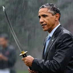 Obama with a katana in rain ready to battle, 4k, 40nm lens, masterpiece, hyperrealistic, extreme details, unreal engine 5, cinematic,