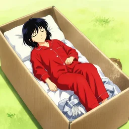 anime cell shaded, anime girl wearing a red pajamas sleeping in a box, wlop, ilya kuvshinov, artgerm, krenz cushart, greg rutkowski, hiroaki samura, range murata, james jean, katsuhiro otomo, erik jones