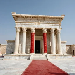 achaemenid palace temple, fully restored, newly built reconstructed, white marble, red banners. 8 k hd instagram photo at behance, epic cinematic movie shot, 1 9 9 0 s. adobe lightroom, photoshop