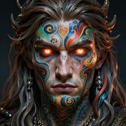 full face tattoo epic portrait, slavic god glowing eyes, elden ring, matte painting concept art, midjourney, beautifully backlit, swirly vibrant color lines, fantastically gaudy, cinematic aesthetic octane render, 8 k hd resolution, by ilya kuvshinov and darius zawadzki and zdizslaw beksinski