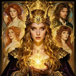 portrait of a pirate wizard young woman with magic around, beautiful symmetrical face, golden, fantasy, regal, by stanley artgerm lau, greg rutkowski, thomas kindkade, alphonse mucha, loish, norman rockwell.