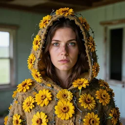 a closeup portrait of a woman wearing a hooded cloak made of zinnias and barbed wire, in a derelict house, detailed face, CANON Eos C300, ƒ1.8, 35mm, 8K, medium-format print