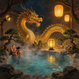 painting of interior of cozy onsen hot spring with a giant dragon relaxing floating lanterns by greg rutkowski craig mullins bonsai trees volumetric lighting clear focus fantasy dark atmospheric cinematic lighting, trending on artstation