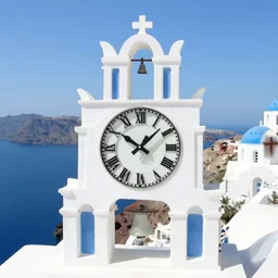 clock city, santorini, precisionism style,