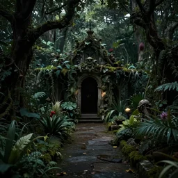 secret garden, dwell, dark, scary, in the style of pan's labyrinth movie, low light, hyperrealistic, coherent composition, artstation, matte painting, concept art, edward hughes, caspar friedrich