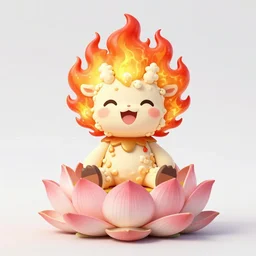 fluffy popcorn elemental spirit anime character with a smiling face and flames for hair, sitting on a lotus flower, clean composition, symmetrical