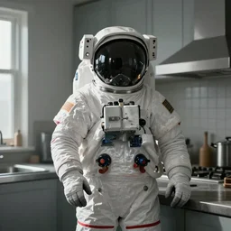 a beautiful photo of an astronaut waiting in the kitchen, soft light, morning light, photorealistic, realistic, octane, 8k, cinematic shot