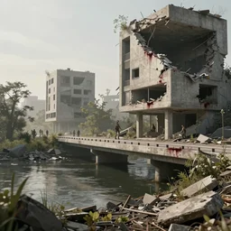 post apocalyptic river bridge, morning, building, avenue, modern contemporary urban americana concrete architecture, by pascal blanche, neil blevins, apocalyptic color palette, trending on artstation, photorealistic, wilderness ambiance, ultra detailed, high definition, depth of field, bokeh, rubble, wild vegetation, blood stains, building crumbling