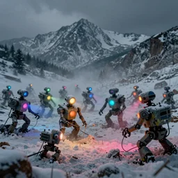 small colorful spotlights in the mamchines, a lot of snow realistic macro photograph of dystopian climate field robots working in Colorado mountains as the earth decays behind them, 8k, unreal 5 engine render, misty, dark, dry, Orwellian, vibrant colors, 25mm film grain Artwork by Simon Stålenhag