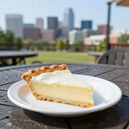 a photo of a slice of key lime pie on a patio table with the Denver skyline as the background S 4175831295
