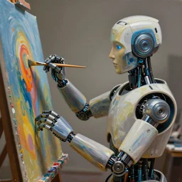 colourful cinematic bust portrait of an artist robot painting an artwork on a canvas with a brush, paint and color, robotic enhancements, desaturated, oil on canvas, masterpiece, trending on artstation, featured on pixiv, cinematic composition, dramatic pose, beautiful lighting, sharp, details, hyper-detailed, HD, HDR, 4K, 8K