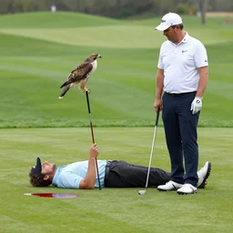 on a golf course a hawk is beside a man who is lying on the floor with a golf club in his hand and pool of red liquid by his head by emile friant