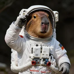 a beautifully detailed and charming portrait of a happy capybara astronaut in a spacesuit, saluting, reporting like a soldier, super cute, new modern, pop surrealism