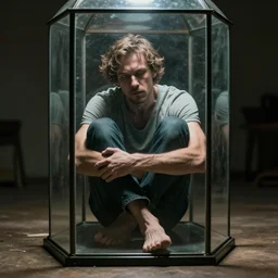 Man trapped inside a glass cage