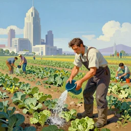 a mixed media closeup portrait painting of a gardener watering a field of vegetable crops, minimalist, a ruined futuristic art deco city sits in the distance, by frank frazetta, greg rutkowski, beeple, yoko taro, christian macnevin, beeple, wlop and krenz cushart, epic fantasy character art, volumetric outdoor lighting, midday, high fantasy, cgsociety, cheerful colours, full length, exquisite detail, post - processing, masterpiece, cinematic