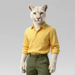 beautiful portrait commission of a male Furry Anthro albino mountain lion Fursona wearing a yellow button-down shirt, olive green slacks in a old-timey saloon. Atmospheric. Renowned character illustration by greg rutkowski, thomas kindkade, alphonse mucha, loish, norman rockwell. detailed, inked, western comic book art