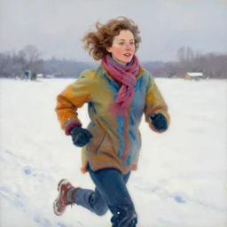 a forty year old woman with short wavy curly light brown hair and blue eyes wearing colorful winter clothes is running in a snowy field. beautiful painting by artgerm and greg rutkowski
