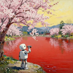 A beautiful painting of 湖を見下ろす桜, a robot drinking wine and cherry blossoms by a blood red lake in a japanese garden beneath a yellow sky by Ivan Aivazovsky and Caspar David Friedrich, Trending on artstation