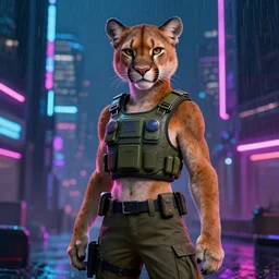 beautiful portrait commission of a female furry anthro mountain lion wearing a bullet proof vest and cargo pants. cyberpunk city at night in the rain. neon light. hyper detailed, dynamic background, digital art, trending in artstation, cinematic lighting, studio quality, smooth render, unreal engine 5 rendered, octane rendered, art style by klimt and nixeu and ian sprigger and wlop and krenz cushart