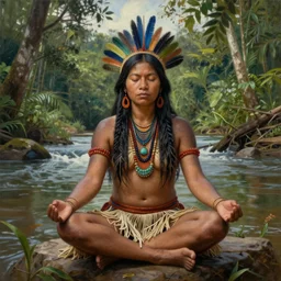 a realistic painting of an indigenous woman meditating near a river in the amazon jungle, highly detailed, trending on devian art, art by christophe vacher
