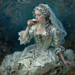 a 1 8 th century, silver haired, ( ( mad ) ) ) elf princess look like ( ( young kate winslet ) ), dressed in a ragged, wedding dress, is drinking a cup of tea. everything is underwater, floating. greenish blue, theatrical, oil canvas by manet, and claude monet