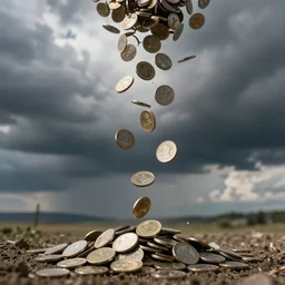 coins falling down from the sky, modern age picture