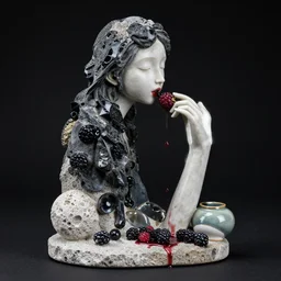 sculpture of an emo woman eating berries, made from obsidian and and pumice and japanese glazed pottery and glass, sensual, berry juice dripping, black background, zen,