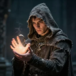 elden ring character, young male thief wearing a tattered cowl casting magic from his hand. volumetric lighting, masterpiece, sharp focus by leesha hannigan, ross tran, kai carpenter.