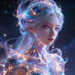 highly detailed close up portrait of a celestial girl with a body made of cosmic energy, space background, character art, studio lightning, bright colors, intricate, masterpiece, photorealistic, hiperrealistic, sharp focus, high contrast, Artstation HQ, DeviantArt trending, 4k UHD, Unreal Engine 5