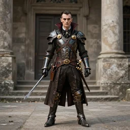 photo of a real-life steampunk vampire warrior, wide shot,