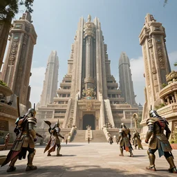 hyper advanced aztec civilization, skyscraper temples futurisitic aztec techno-warriors tenochitlan photorealistic