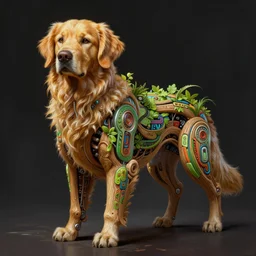 hyper - detailed fine painting of a synthetic humanoid golden retriever hybrid half cybernetic and half made of plants and wood, concept art magical highlight, ful color tribal and technologic art