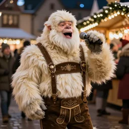 a cream colored and very furry yeti wearing lederhosen singing carols in a German Christmas market, very detailed n -6