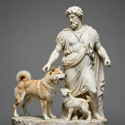ancient roman statue of a shiba inu feeding its young