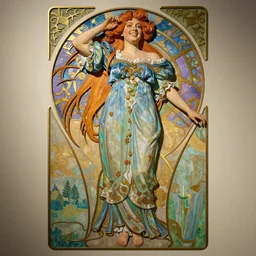Alphonse Mucha, art nouveau, wood carving, beautiful pretty female Hayley Williams Paramore, smile, symmetrical, realistic, victorian blue dress, long red hair, full body action pose, gold green blue purple, Unreal Engine