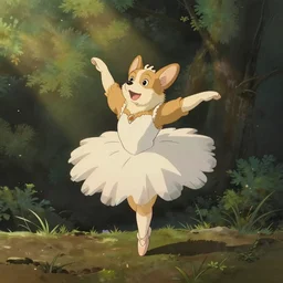 a corgi in a ballerina costume, in the style of studio ghibli