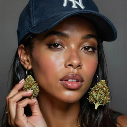 hyper realistic portrait painting of black asian woman in baseball hat, wet, marijuana buds, by saturno butto, boris vallejo, austin osman spare and david kassan