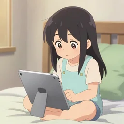 a girl sitting on a bed with a ipad that is only 6 years old anime