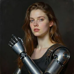 complete portrait of a worker with a cyberpunk prosthetic arm, by donato giancola, and nikolay makovsky.